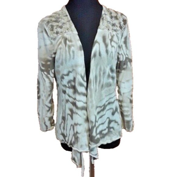 Chicos Womens Linen Blend Cardigan Large Beige Abstract Asymmetric Casual - Picture 1 of 7